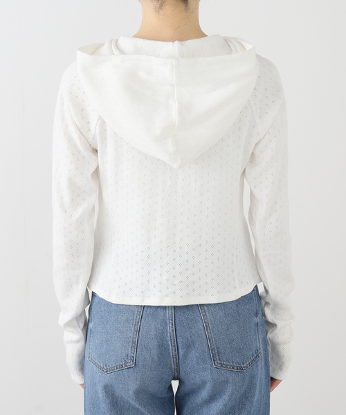 TUOMIO(トゥオミオ)の「【Geek Office / ギークオフィス】TUOMIO / トゥオミオ POINTELLE BUTTONED HOODIE(パーカー・レディース・ホワイト/ブラック・SMALL)」の3枚目の写真