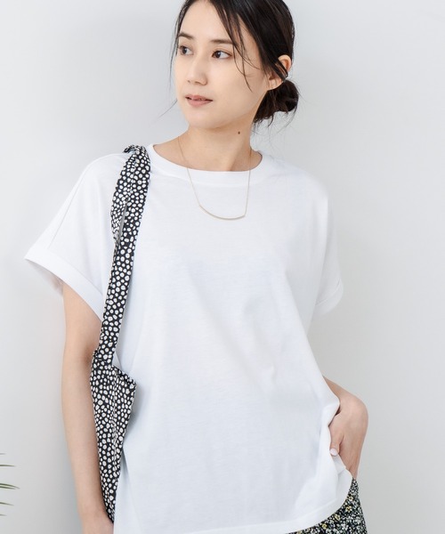 JEANS MATE（ジーンズメイト）の「【汗染みの目立ちにくいTシャツ ZEROSTAIN/ゼロステイン】ロールカフラウンドヘムTシャツ 撥水・防汚加工 涼しい・透けにくい 大人カジュアル（Tシャツ/カットソー・レディース・ダークグリーン/スミクロ/ブラック/ホワイト/オフホワイト/パープル・MEDIUM/LARGE）」の20枚目の写真