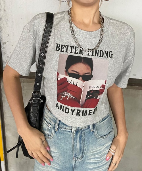 non-hedge(ノンヘッジ)の「転写プリントショート丈Tシャツ(Tシャツ/カットソー・レディース・ブラック/グレー/オフホワイト/ベージュ/チャコール・FREE)」の3枚目の写真