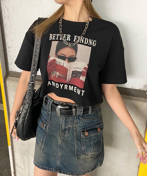 non-hedge(ノンヘッジ)の「転写プリントショート丈Tシャツ(Tシャツ/カットソー・レディース・ブラック/グレー/オフホワイト/ベージュ/チャコール・FREE)」の8枚目の写真