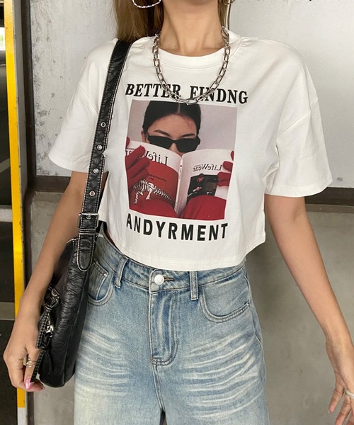 non-hedge(ノンヘッジ)の「転写プリントショート丈Tシャツ(Tシャツ/カットソー・レディース・ブラック/グレー/オフホワイト/ベージュ/チャコール・FREE)」の21枚目の写真