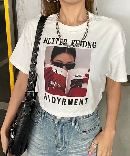 Tシャツ・カットソー PLAIN FW25 ETTE BLOUSE (42984057 020) セール】転写プリントショート丈Tシャツ(Tシャツ/カットソー