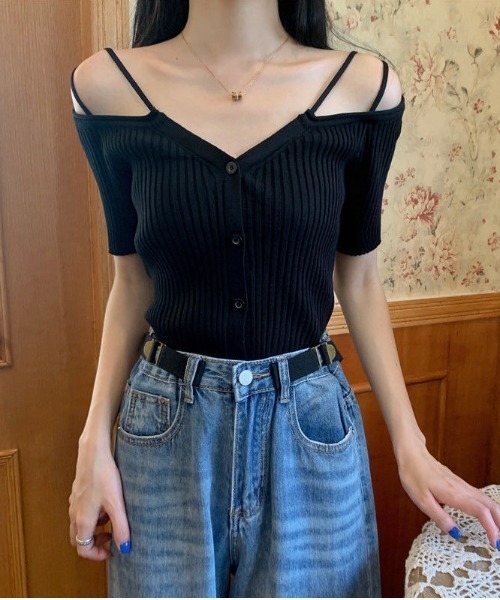 SHEPP（シープ）の「Vネック オフショル リブトップス（Tシャツ/カットソー・レディース・アイボリー/ブラック/ピンク/ホワイト・F）」の16枚目の写真