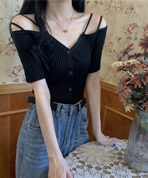 SHEPP（シープ）の「Vネック オフショル リブトップス（Tシャツ/カットソー・レディース・アイボリー/ブラック/ピンク/ホワイト・F）」の15枚目の写真