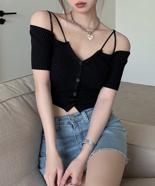 SHEPP（シープ）の「Vネック オフショル リブトップス（Tシャツ/カットソー・レディース・アイボリー/ブラック/ピンク/ホワイト・F）」の14枚目の写真