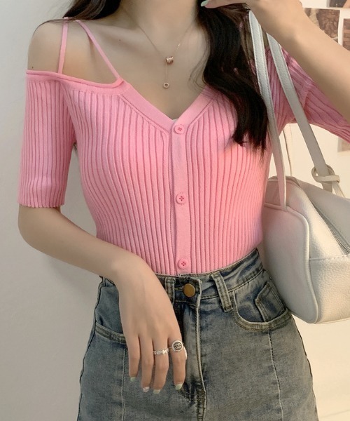 SHEPP（シープ）の「Vネック オフショル リブトップス（Tシャツ/カットソー・レディース・アイボリー/ブラック/ピンク/ホワイト・F）」の20枚目の写真