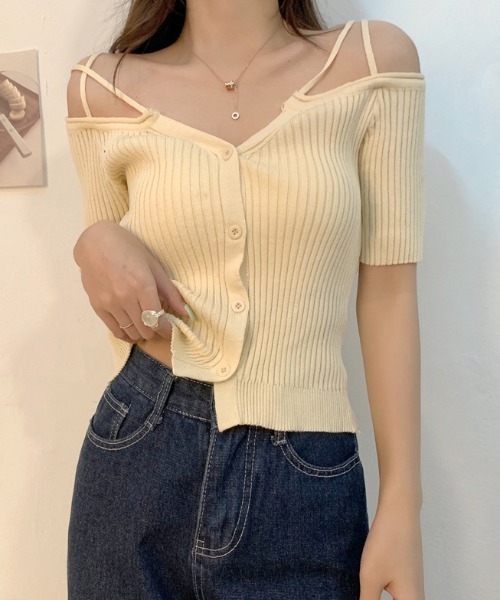 SHEPP（シープ）の「Vネック オフショル リブトップス（Tシャツ/カットソー・レディース・アイボリー/ブラック/ピンク/ホワイト・F）」の12枚目の写真