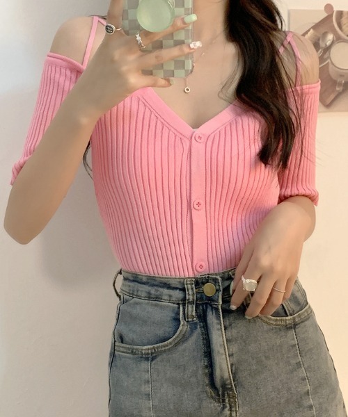SHEPP（シープ）の「Vネック オフショル リブトップス（Tシャツ/カットソー・レディース・アイボリー/ブラック/ピンク/ホワイト・F）」の22枚目の写真