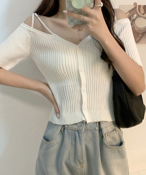 SHEPP（シープ）の「Vネック オフショル リブトップス（Tシャツ/カットソー・レディース・アイボリー/ブラック/ピンク/ホワイト・F）」の6枚目の写真