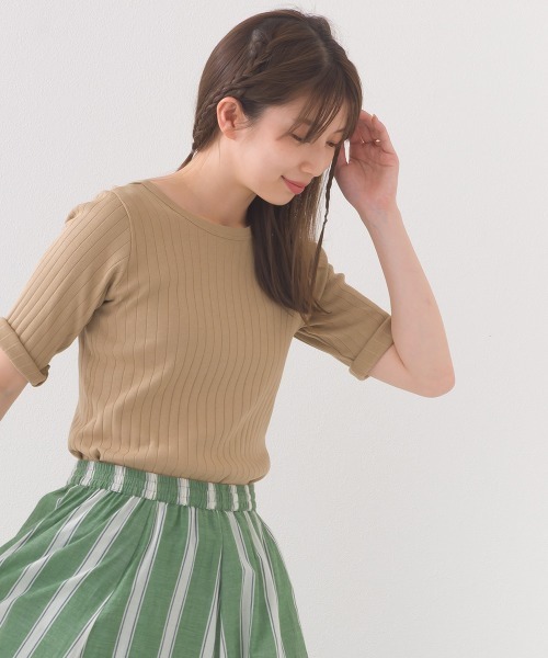OMNES(オムネス)の「【接触冷感】リブ5分袖Tシャツ(Tシャツ/カットソー・レディース・グリーン/ベージュ/アイボリー/ブラック/ホワイト・FREE)」の5枚目の写真