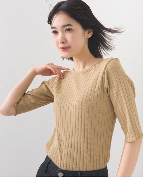 OMNES(オムネス)の「【接触冷感】リブ5分袖Tシャツ(Tシャツ/カットソー・レディース・グリーン/ベージュ/アイボリー/ブラック/ホワイト・FREE)」の7枚目の写真