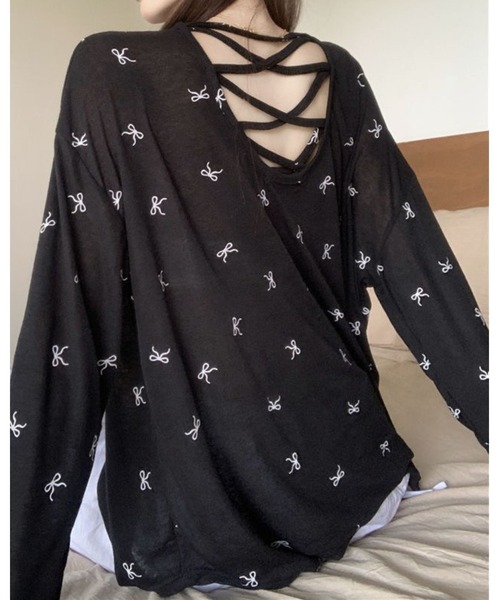 FUNdaysion(ファンデイション)の「バッククロスリボン柄シアートップス(Tシャツ/カットソー・レディース・ブラック/ホワイト・M)」の1枚目の写真