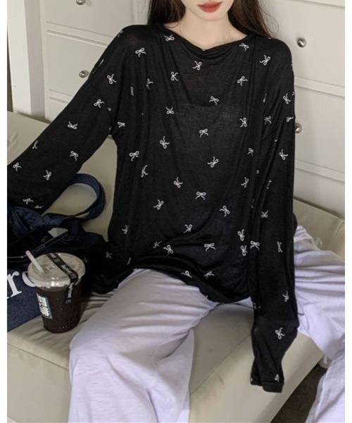 FUNdaysion(ファンデイション)の「バッククロスリボン柄シアートップス(Tシャツ/カットソー・レディース・ブラック/ホワイト・M)」の12枚目の写真