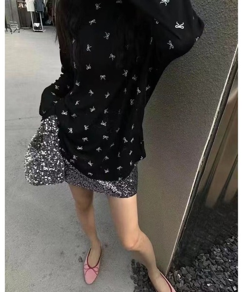 FUNdaysion(ファンデイション)の「バッククロスリボン柄シアートップス(Tシャツ/カットソー・レディース・ブラック/ホワイト・M)」の7枚目の写真