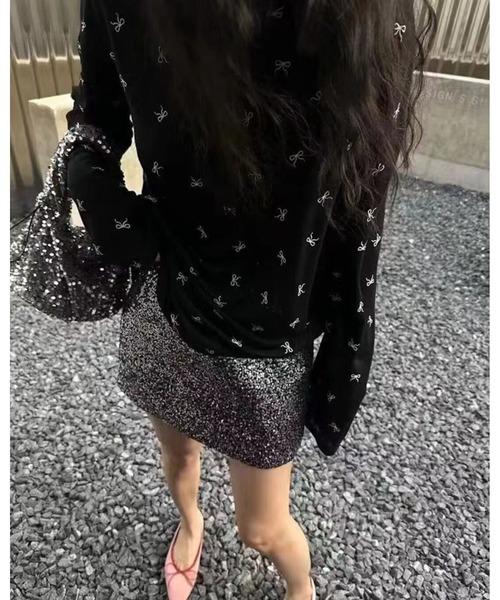 FUNdaysion(ファンデイション)の「バッククロスリボン柄シアートップス(Tシャツ/カットソー・レディース・ブラック/ホワイト・M)」の6枚目の写真