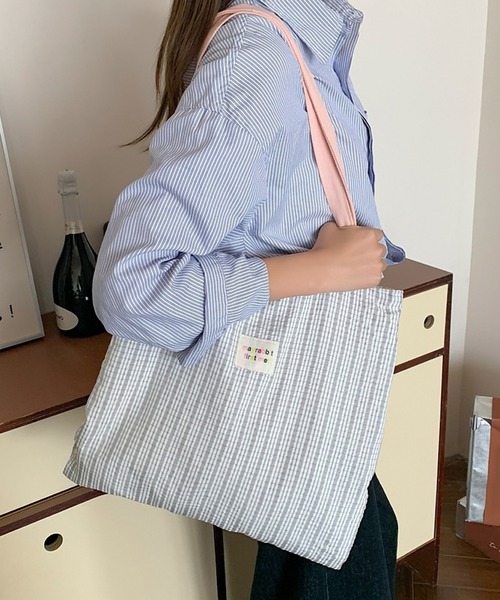 Mignonjour(ミニョンジュール)の「Mignonjour/配色ストライプトートバッグ M2755(トートバッグ・レディース・ピンク/グレー/ブルー・FREE)」の1枚目の写真