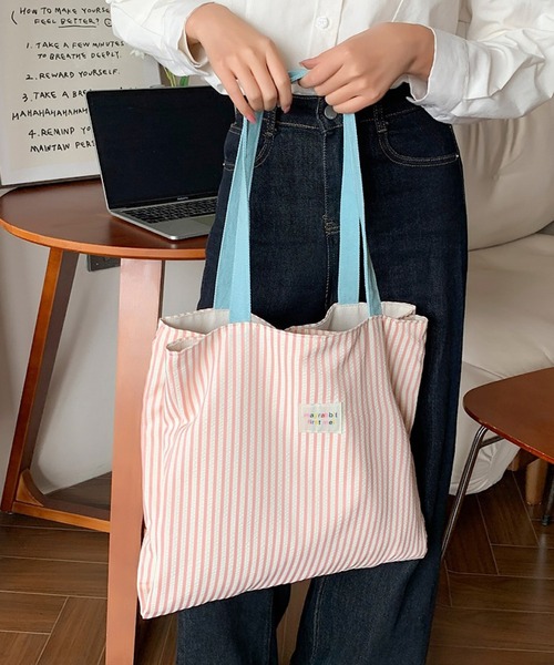 Mignonjour(ミニョンジュール)の「Mignonjour/配色ストライプトートバッグ M2755(トートバッグ・レディース・ピンク/グレー/ブルー・FREE)」の2枚目の写真