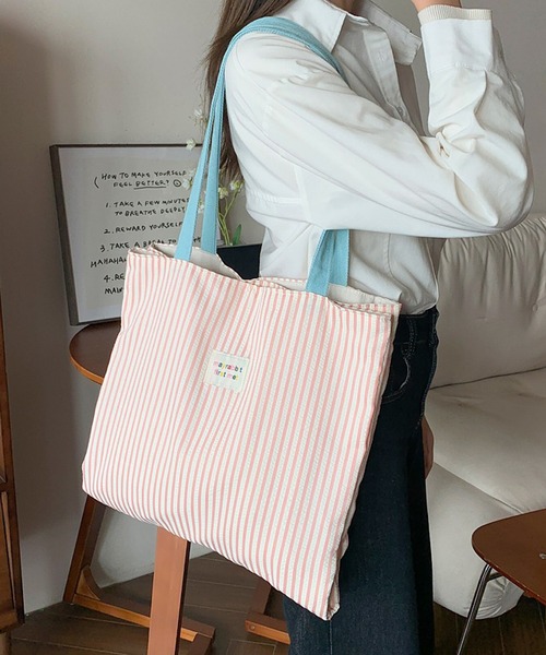 Mignonjour(ミニョンジュール)の「Mignonjour/配色ストライプトートバッグ M2755(トートバッグ・レディース・ピンク/グレー/ブルー・FREE)」の10枚目の写真