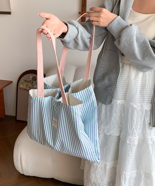 Mignonjour(ミニョンジュール)の「Mignonjour/配色ストライプトートバッグ M2755(トートバッグ・レディース・ピンク/グレー/ブルー・FREE)」の7枚目の写真