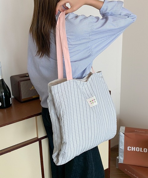 Mignonjour(ミニョンジュール)の「Mignonjour/配色ストライプトートバッグ M2755(トートバッグ・レディース・ピンク/グレー/ブルー・FREE)」の6枚目の写真