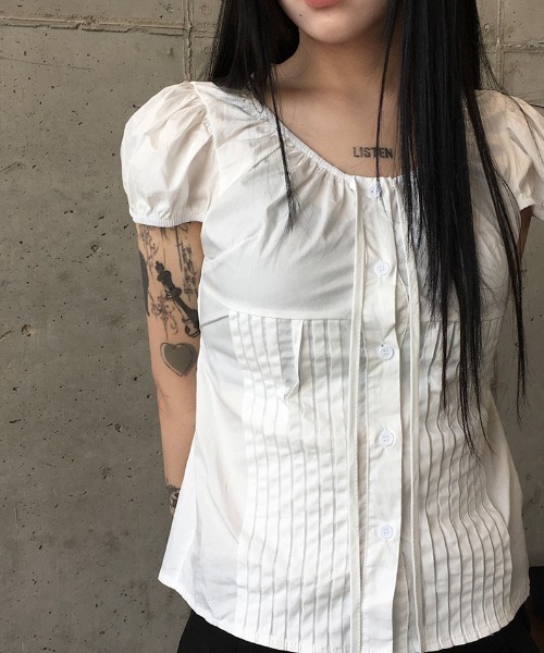 サマーリボンストラップタックパフスリーブブラウス（Tシャツ