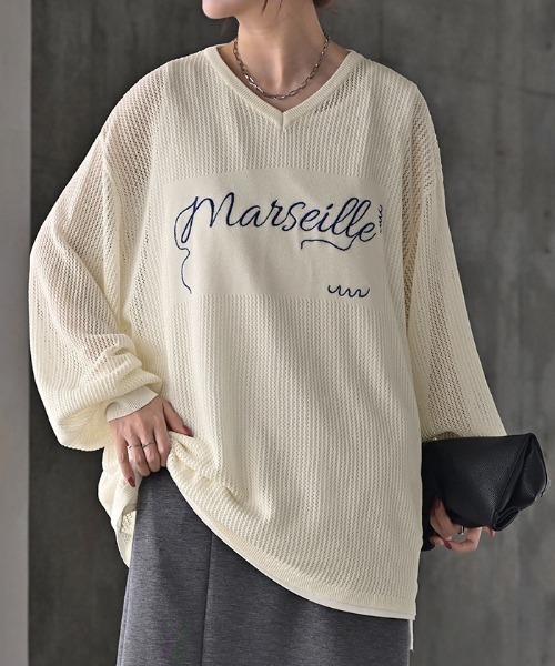 HUG.U(ハグユー)の「ロゴ刺繍メッシュニット(ニット/セーター・レディース・ターコイズブルー/ブラック/アイボリー/ダークグレー/マスタード・FREE)」の4枚目の写真