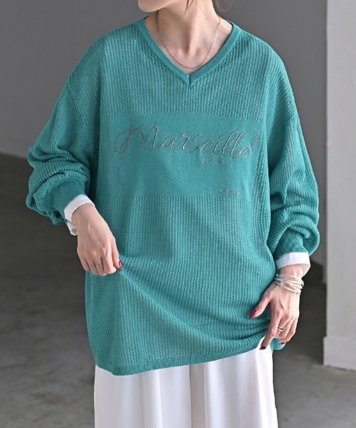 HUG.U(ハグユー)の「ロゴ刺繍メッシュニット(ニット/セーター・レディース・ターコイズブルー/ブラック/アイボリー/ダークグレー/マスタード・FREE)」の1枚目の写真