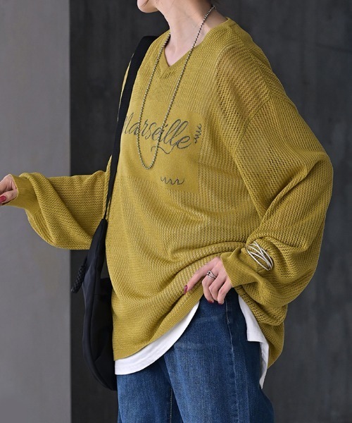 HUG.U(ハグユー)の「ロゴ刺繍メッシュニット(ニット/セーター・レディース・ターコイズブルー/ブラック/アイボリー/ダークグレー/マスタード・FREE)」の5枚目の写真