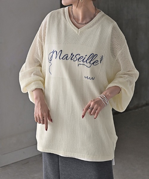 HUG.U(ハグユー)の「ロゴ刺繍メッシュニット(ニット/セーター・レディース・ターコイズブルー/ブラック/アイボリー/ダークグレー/マスタード・FREE)」の6枚目の写真
