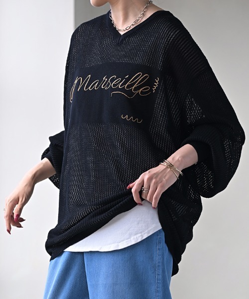 HUG.U(ハグユー)の「ロゴ刺繍メッシュニット(ニット/セーター・レディース・ターコイズブルー/ブラック/アイボリー/ダークグレー/マスタード・FREE)」の9枚目の写真