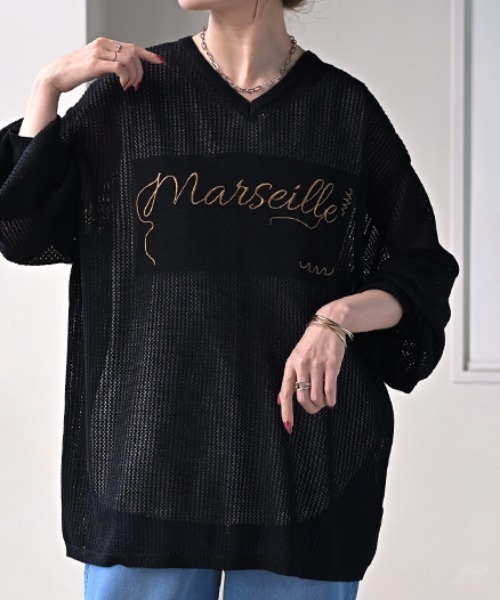 HUG.U(ハグユー)の「ロゴ刺繍メッシュニット(ニット/セーター・レディース・ターコイズブルー/ブラック/アイボリー/ダークグレー/マスタード・FREE)」の10枚目の写真