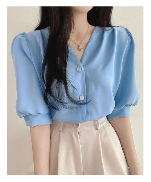 セール】Vネック パフスリーブブラウス 半袖（シャツ/ブラウス