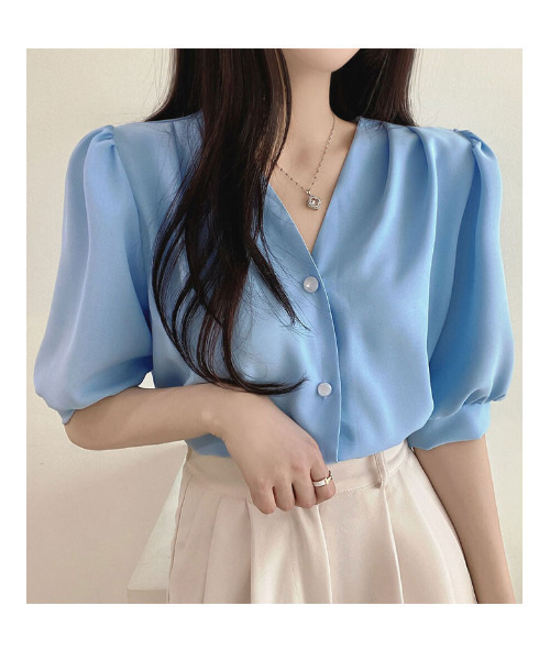 セール】Vネック パフスリーブブラウス 半袖（シャツ/ブラウス