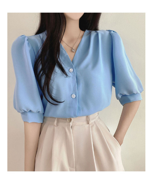 セール】Vネック パフスリーブブラウス 半袖（シャツ/ブラウス