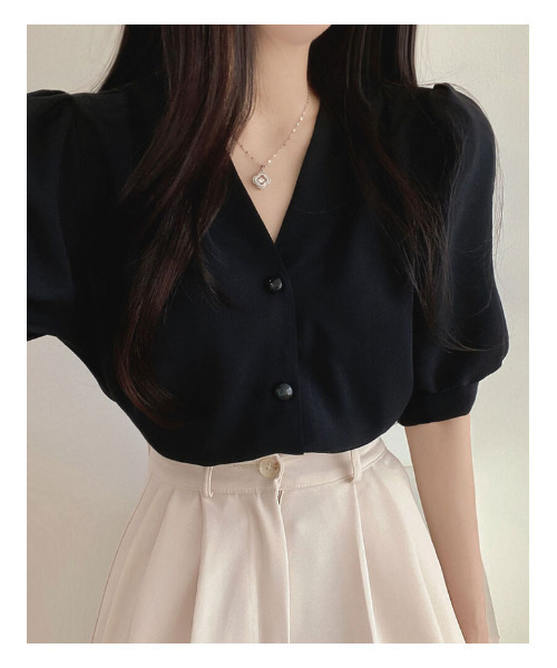 セール】Vネック パフスリーブブラウス 半袖（シャツ/ブラウス