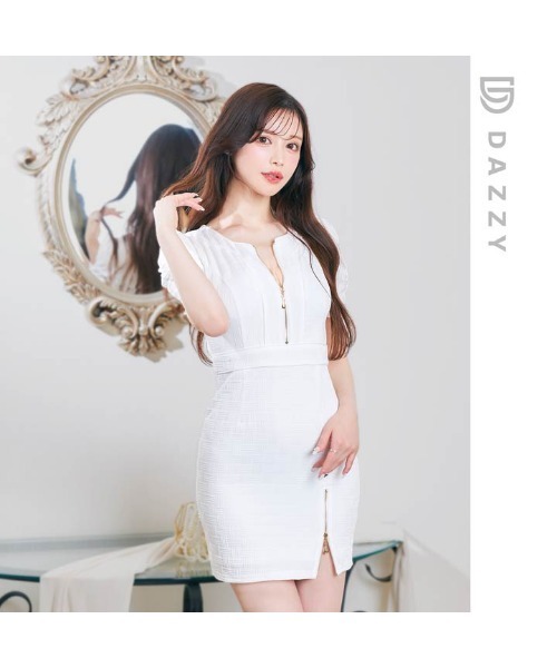 DAZZY(デイジー)の「【気分で調節OK】パイピングツイード フロントファスナー 半袖タイトミニドレス(ドレス・レディース・ブラック/ホワイト・S/M/L)」の12枚目の写真