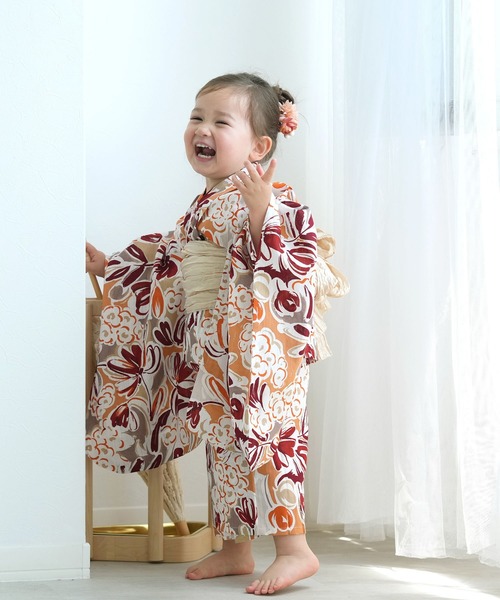 キッズ浴衣3点セット ニコアンティーク アプリコットオレンジの花