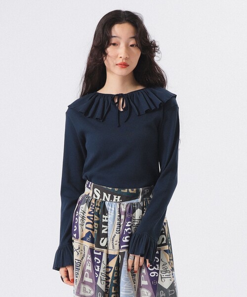 リブ フリル ギャザー ロングスリーブ（Tシャツ/カットソー
