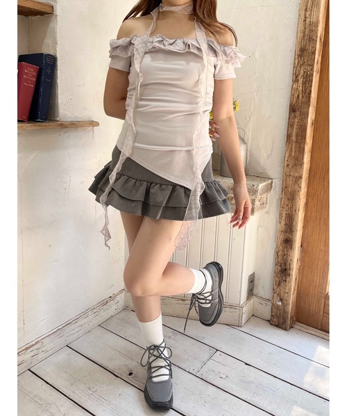 PHILLY（フィリー）の「【2点セット】チェックチョーカーフリルTシャツ（Tシャツ/カットソー・レディース・ベージュ/グレー・FREE）」の3枚目の写真