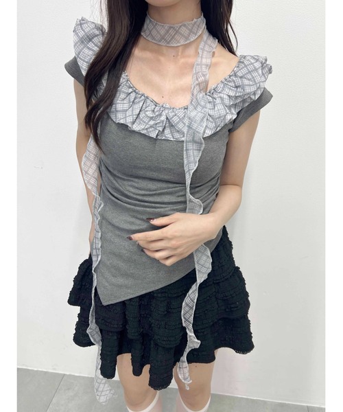 PHILLY（フィリー）の「【2点セット】チェックチョーカーフリルTシャツ（Tシャツ/カットソー・レディース・ベージュ/グレー・FREE）」の7枚目の写真