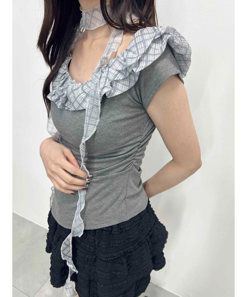 PHILLY（フィリー）の「【2点セット】チェックチョーカーフリルTシャツ（Tシャツ/カットソー・レディース・ベージュ/グレー・FREE）」の5枚目の写真