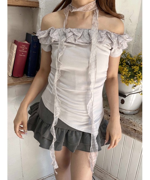 PHILLY（フィリー）の「【2点セット】チェックチョーカーフリルTシャツ（Tシャツ/カットソー・レディース・ベージュ/グレー・FREE）」の6枚目の写真