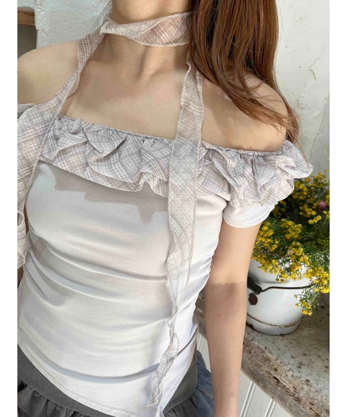 PHILLY（フィリー）の「【2点セット】チェックチョーカーフリルTシャツ（Tシャツ/カットソー・レディース・ベージュ/グレー・FREE）」の8枚目の写真