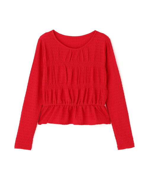 NATURAL BEAUTY BASIC（ナチュラルビューティーベーシック）の「◇シャーリングペプラムカットソー長袖（Tシャツ/カットソー・レディース・ダークブラウン/レッド/オフホワイト・FREE）」の14枚目の写真