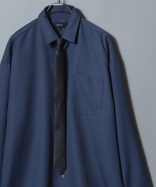 ANPAS（アンパス）の「ANPAS Exclusive Oversized Twill Shirt with Tie (Long Sleeve)  / アンパス別注 ネクタイ付きツイルオーバーサイズ レギュラーカラーシャツ / レディース メンズ 長袖シャツ 秋冬（シャツ/ブラウス・メンズ・ダークグリーン/ライトグレー/ホワイト/ベージュ/ブラック/ブルー/ブラウン/マルーン/ネイビー・M/L）」の7枚目の写真