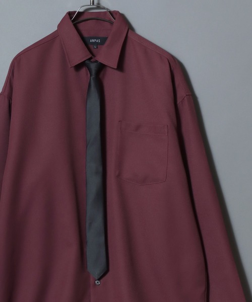 ANPAS（アンパス）の「ANPAS Exclusive Oversized Twill Shirt with Tie (Long Sleeve)  / アンパス別注 ネクタイ付きツイルオーバーサイズ レギュラーカラーシャツ / レディース メンズ 長袖シャツ 秋冬（シャツ/ブラウス・メンズ・ダークグリーン/ライトグレー/ホワイト/ベージュ/ブラック/ブルー/ブラウン/マルーン/ネイビー・M/L）」の9枚目の写真