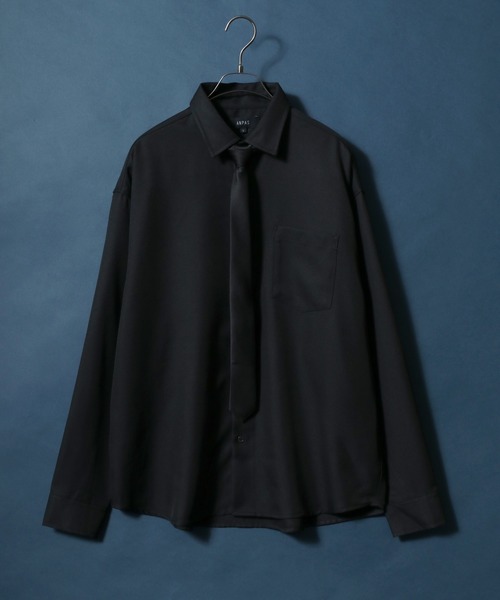 ANPAS（アンパス）の「ANPAS Twill Fabric Oversized Regular Collar Shirt with necktie/別注 ツイル オーバーサイズ ネクタイ付きシャツ レディース メンズ 長袖シャツ レギュラーカラーシャツ（シャツ/ブラウス・メンズ・ダークグリーン/ライトグレー/ホワイト/ベージュ/ブラック/ブルー/ブラウン・M/L）」の2枚目の写真