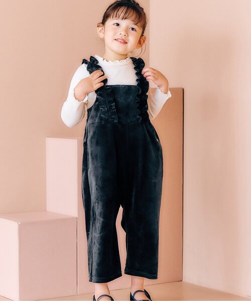apres les cours(アプレレクール)の「【ジュニア対応】ベロアフリルサロペット(サロペット/オーバーオール・キッズ・ブラック/アイボリー・90/100/110/120/130/140)」の1枚目の写真