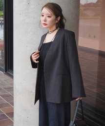 CAL O LINE ノーカラージャケット Sサイズ　グレー プレミアム二重織・ノーカラージャケット/40代50代からのレディース