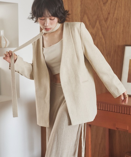 LAULEN(ローレン)の「long tie no collar jacket /ロングタイノーカラージャケット(ノーカラージャケット・レディース・チャコールグレー/アイボリー・FREE)」の15枚目の写真